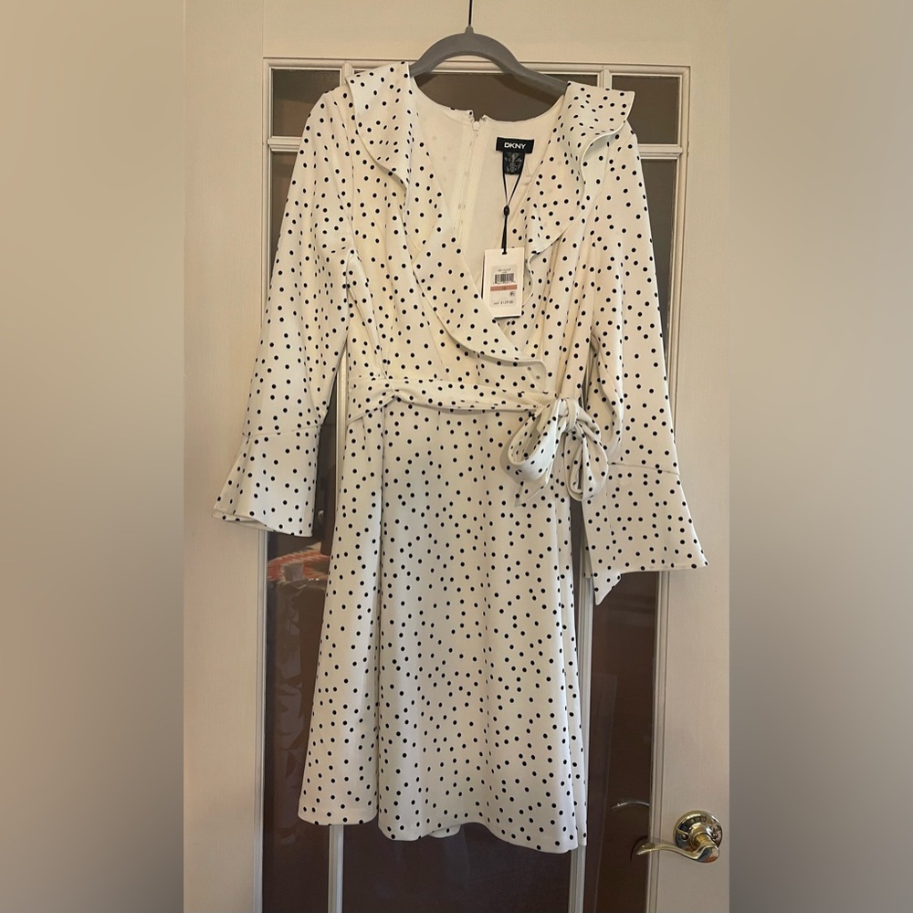 DKNY Polka Dot White & Black Wrap Dress